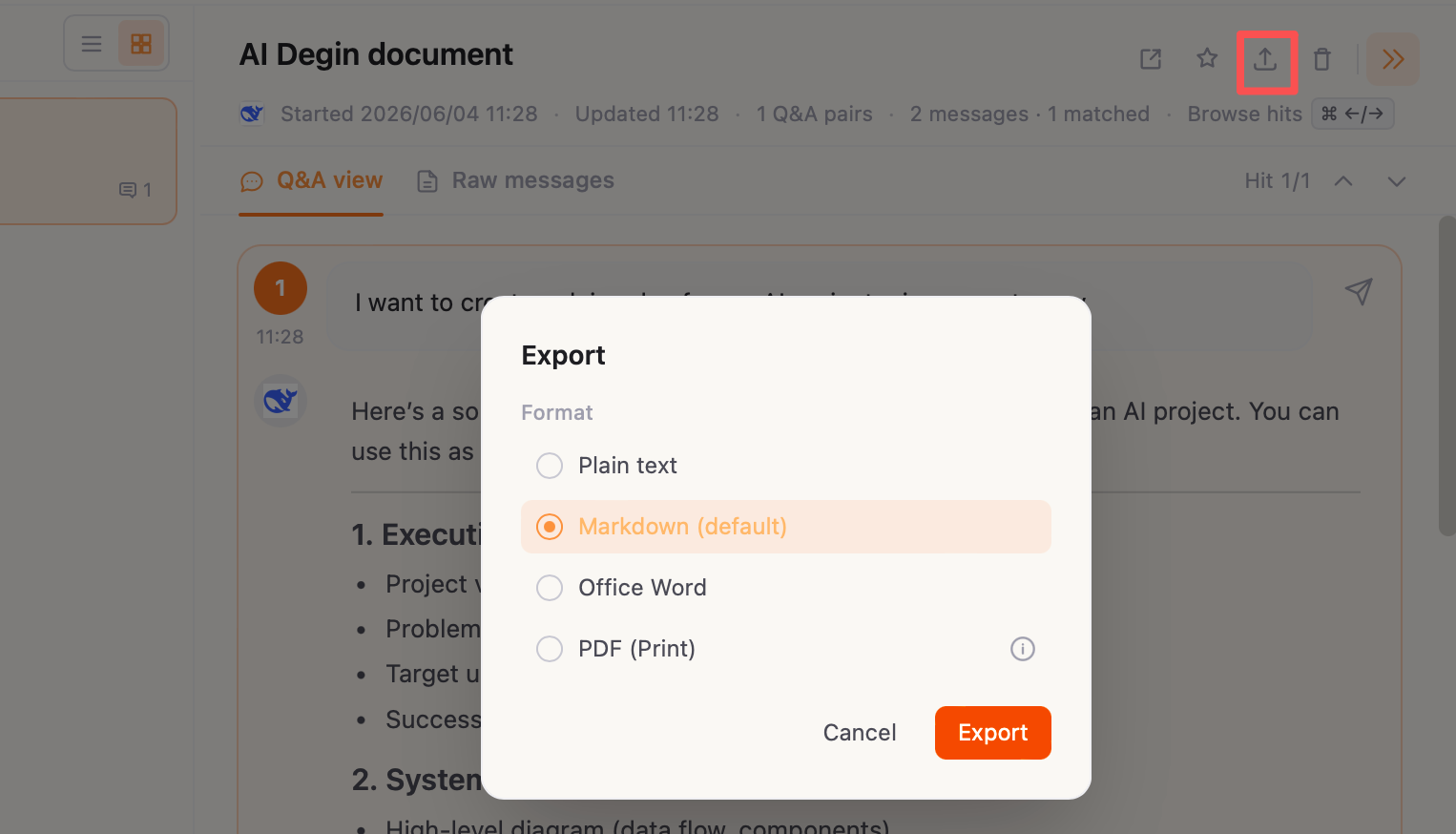 Export dialog