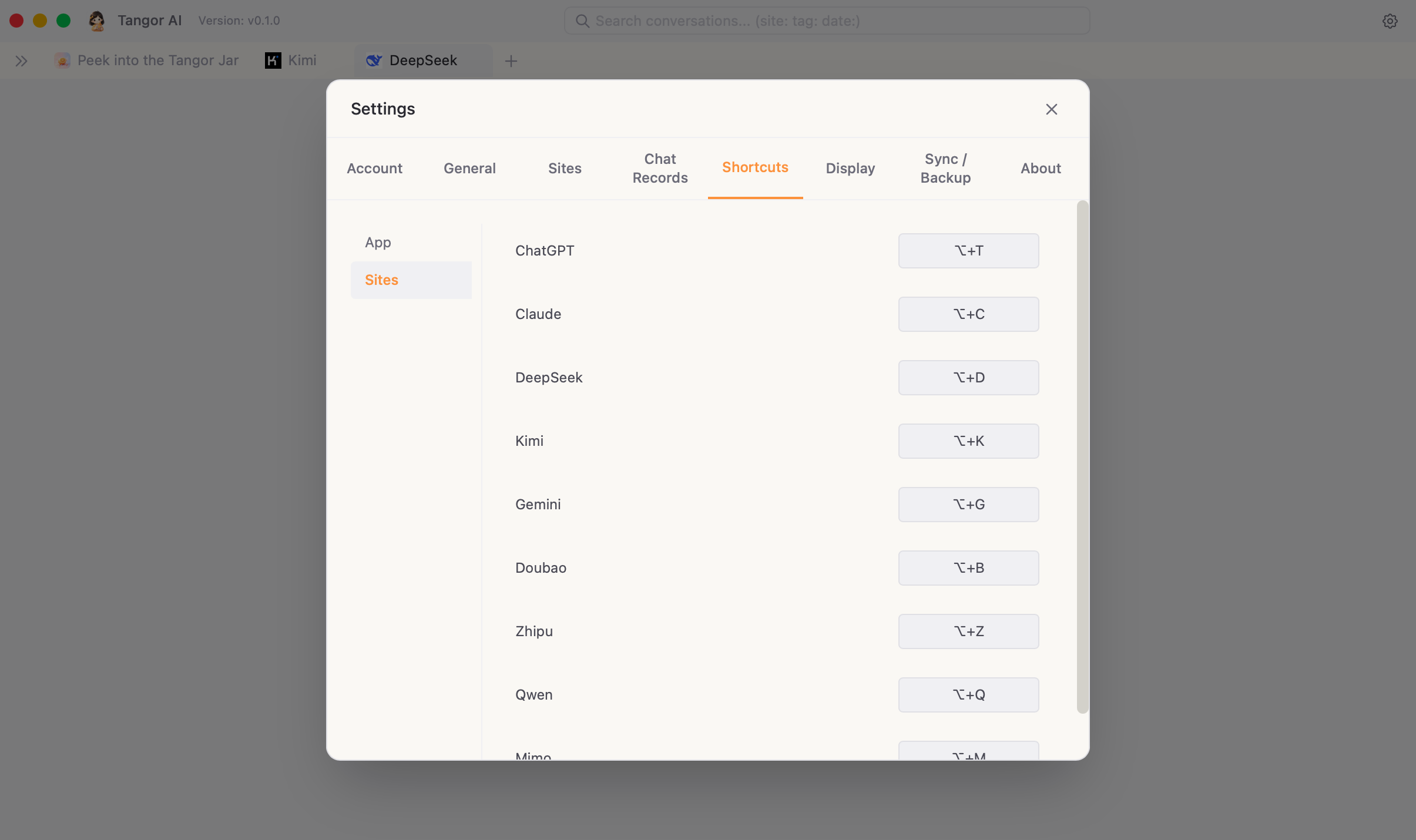 Shortcuts settings